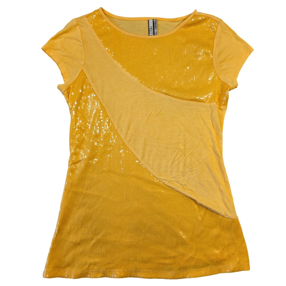 Kische Yellow Sequin Asymmetrical Short Sleeve Top Crew Neck M Preppy Casual